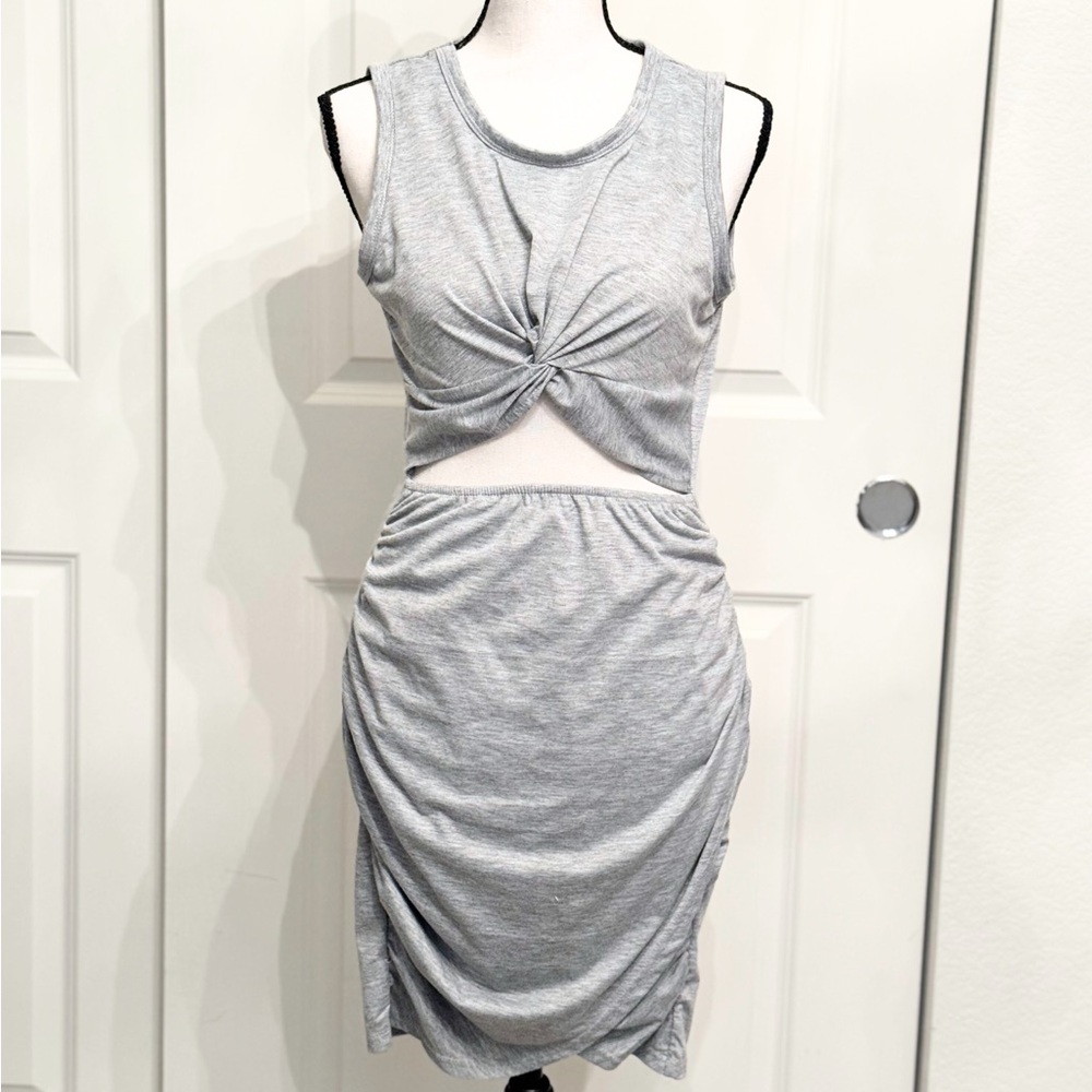 Gray Ruched Cutout Bodycon Knee Length Dress with Twist Front, Size Small